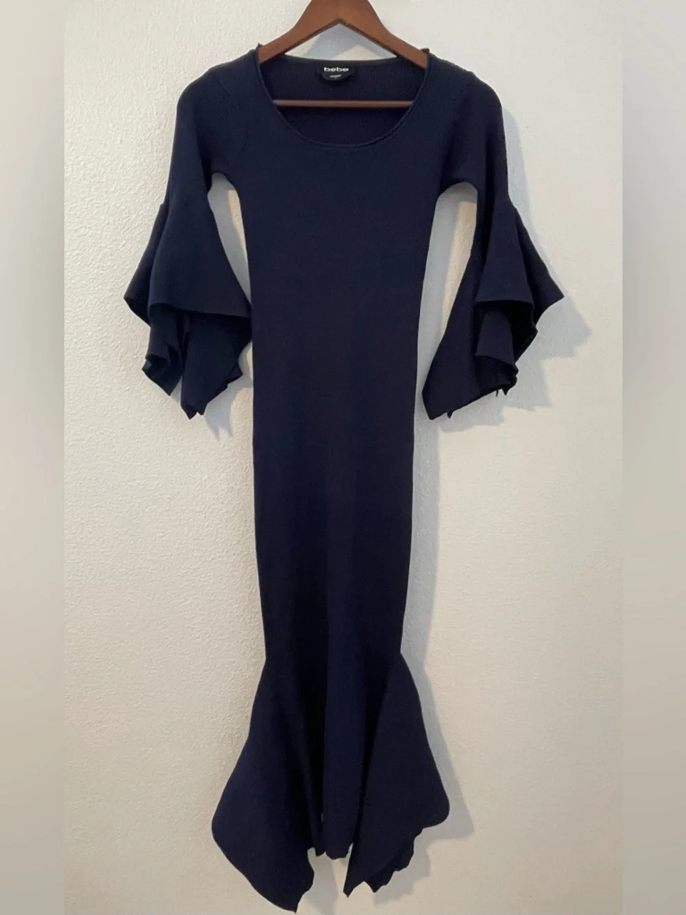 bebe Navy Scoop-Neck Long Sleeve Ruffle Hem Dress - Picture 2 of 6